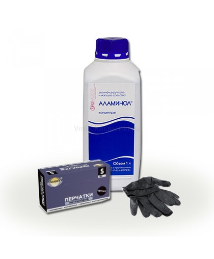 Набор: нитриловые перчатки и дезинфицирующее средство-концентрат Аламинол 1 л