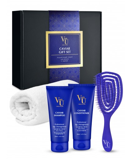 Набор подарочный для роста волос с икрой "Caviar Gift Set" Шампунь 200 мл + Кондиционер 200 мл" + Расческа+ Полотенце,  Von-U Limoni