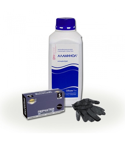 Набор: нитриловые перчатки (50 пар) и дезинфицирующее средство-концентрат Аламинол 1 л