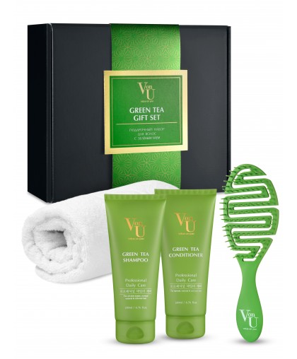 Набор подарочный для роста волос с зеленым чаем "Green Tea" Шампунь 200 мл + Кондиционер 200 мл + Расческа+ Полотенце, Von-U Limoni